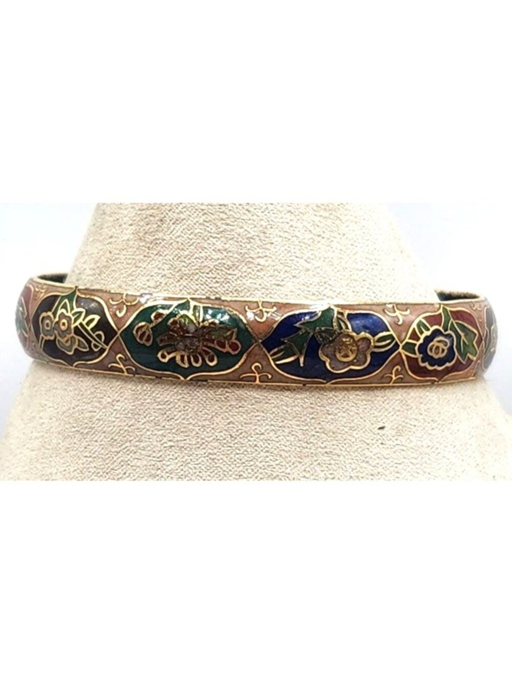 Cloisonné Floral Bangle Bracelet Blue & Red Enamel Gold-Tone